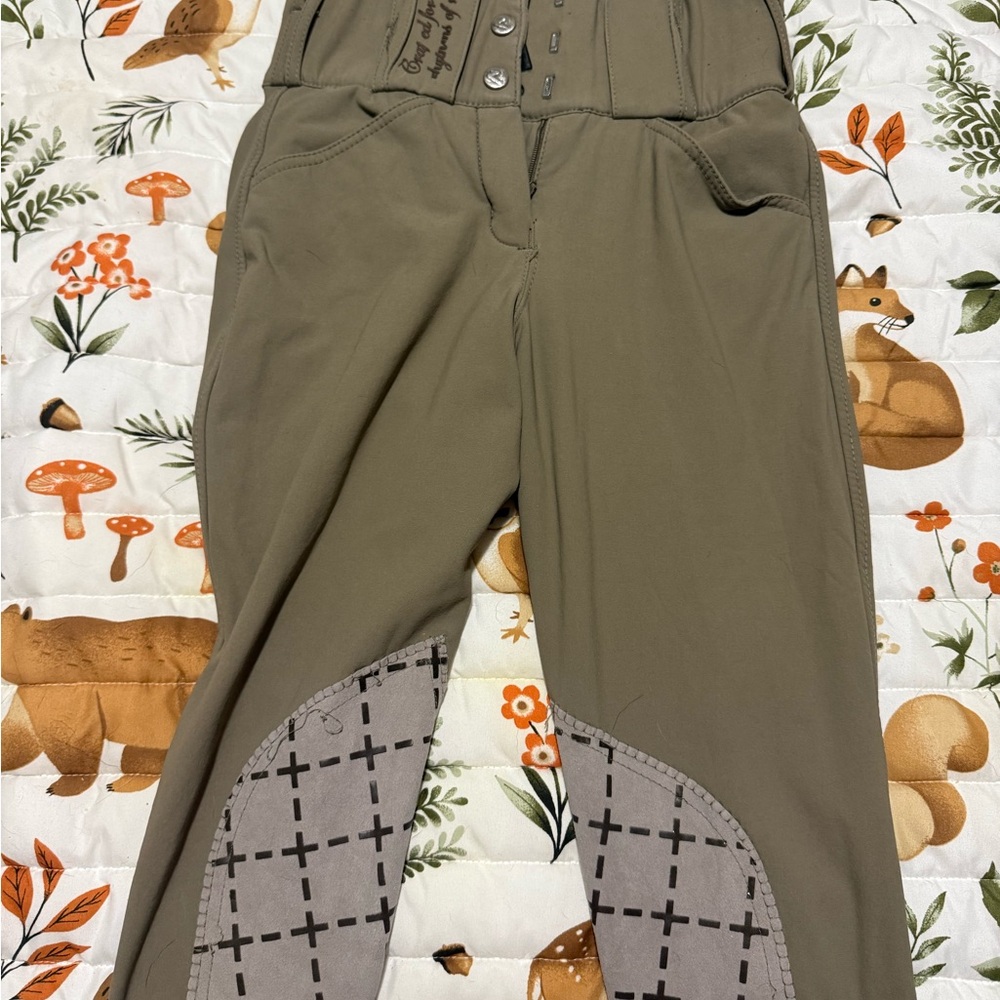 Olive Riding Pants with Patterned Knee Patches